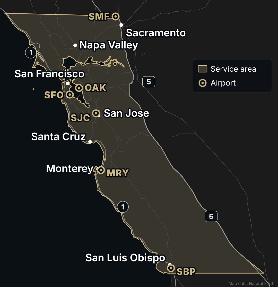 Map of the BIZX service area, from Napa Valley and Sacramento south to San Luis Obispo and from I-5 west to the coast